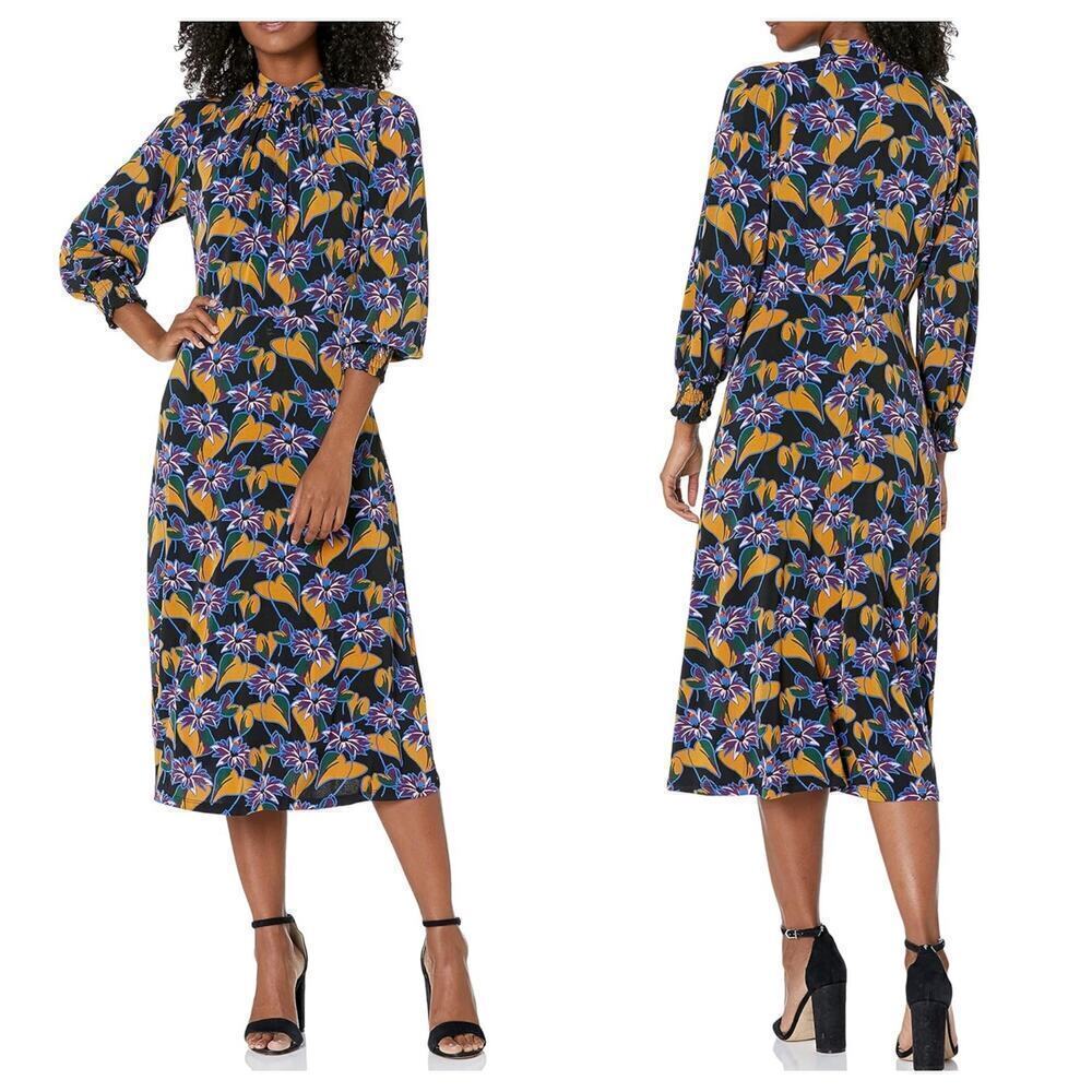 Adrianna Papell Dress Leafy Hearts Floral Mockneck Midi 3/4 Sleeve NEW NWT 6